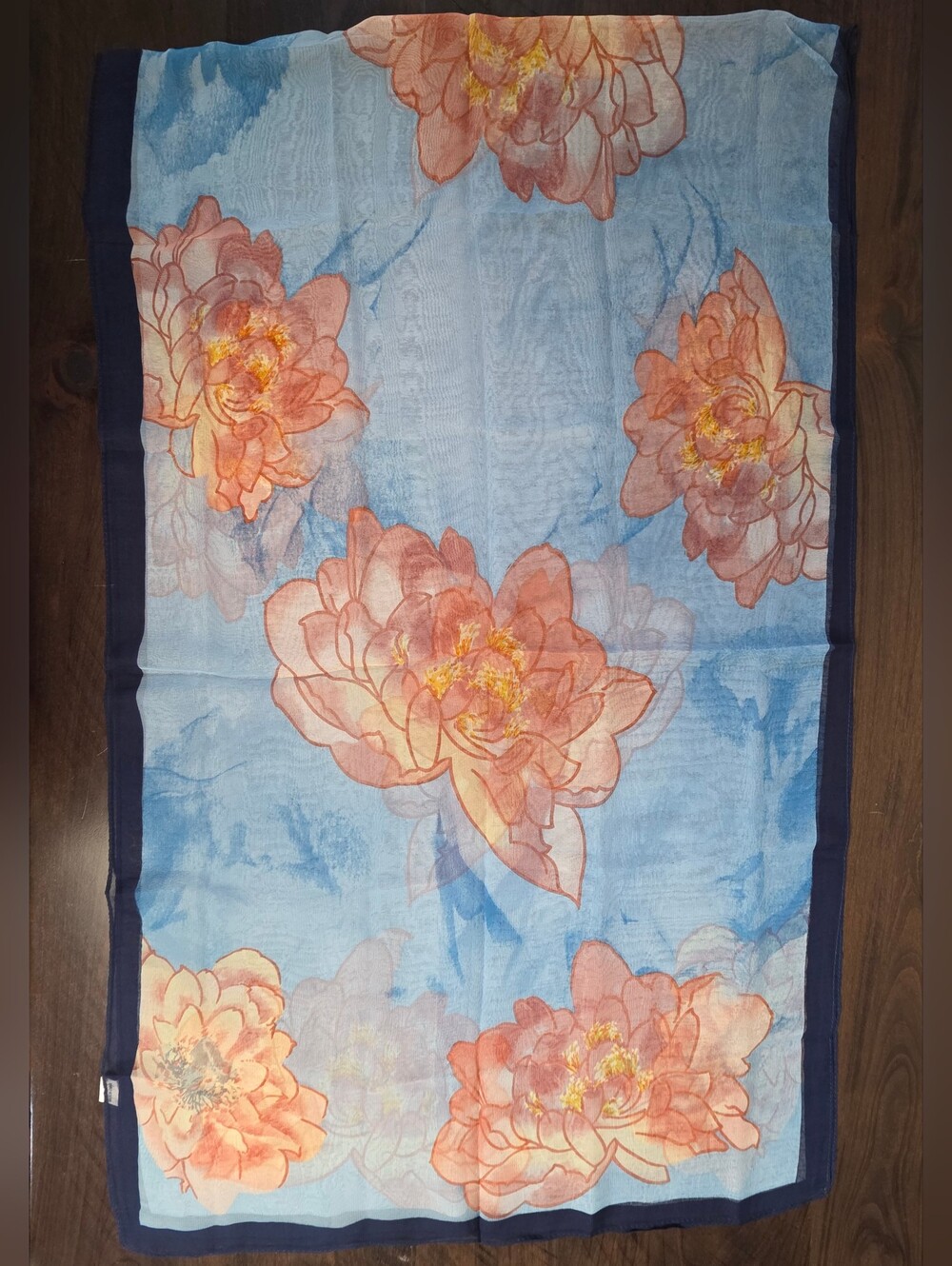 NWT Floral Chiffon Scarf Blue Peach Watercolor Peony Lightweight Shawl 63 × 20 - Picture 6 of 9
